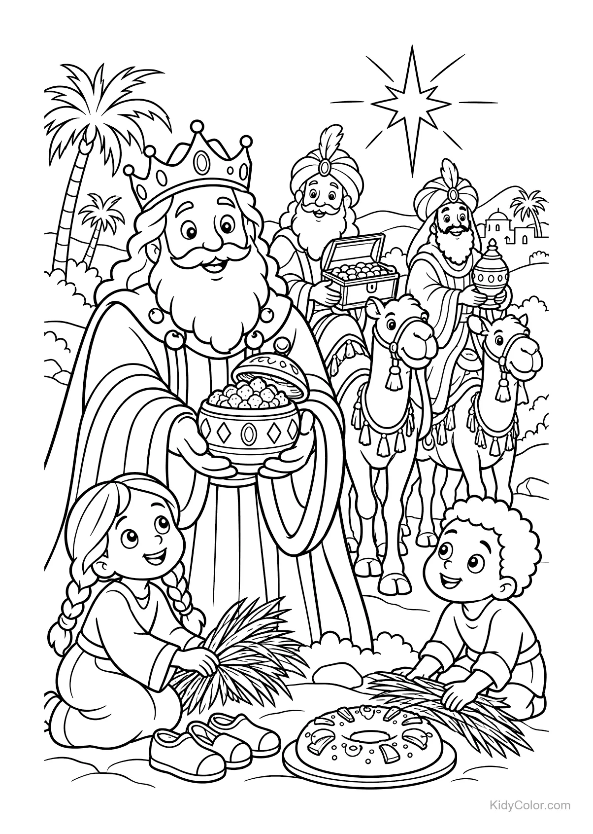 Re Magi che offrono mirra a due bambini, con cammelli e una stella.