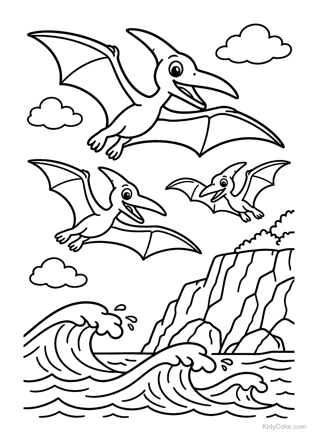 Three pterosaurs flying over ocean waves and rocky cliffs.