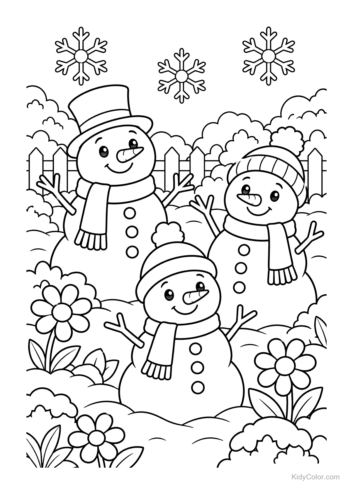 Tre pupazzi di neve con cappelli e sciarpe in un giardino innevato con fiori.