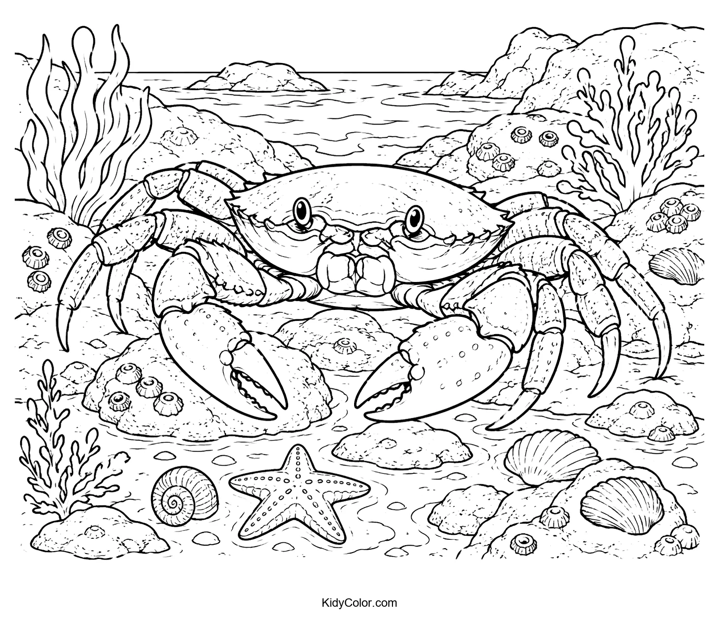 A crab sits in a tidepool surrounded by seaweed, shells, and rocks.