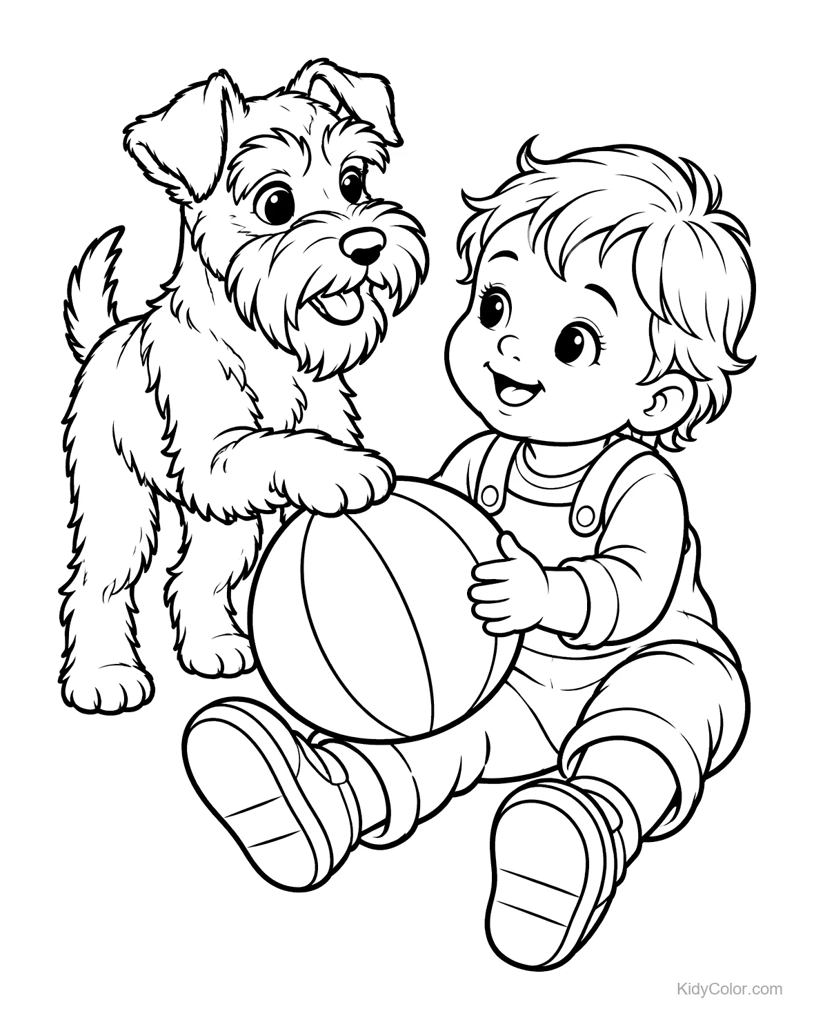Peuter zit met schnauzer en houdt een bal vast.
