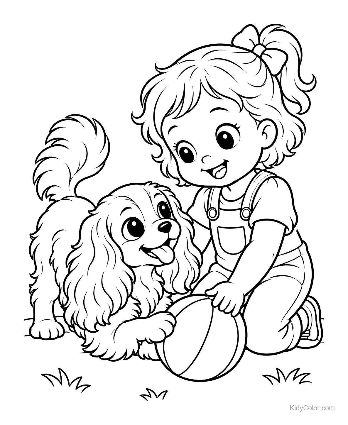 Cavalier King Charles Spaniel spielt mit Kleinkind und Ball.