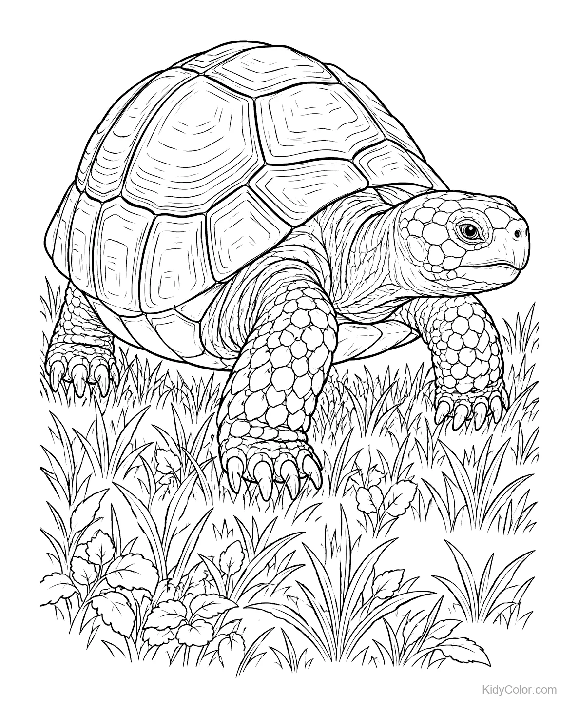 A realistic tortoise surrounded by grassy wildflowers.
