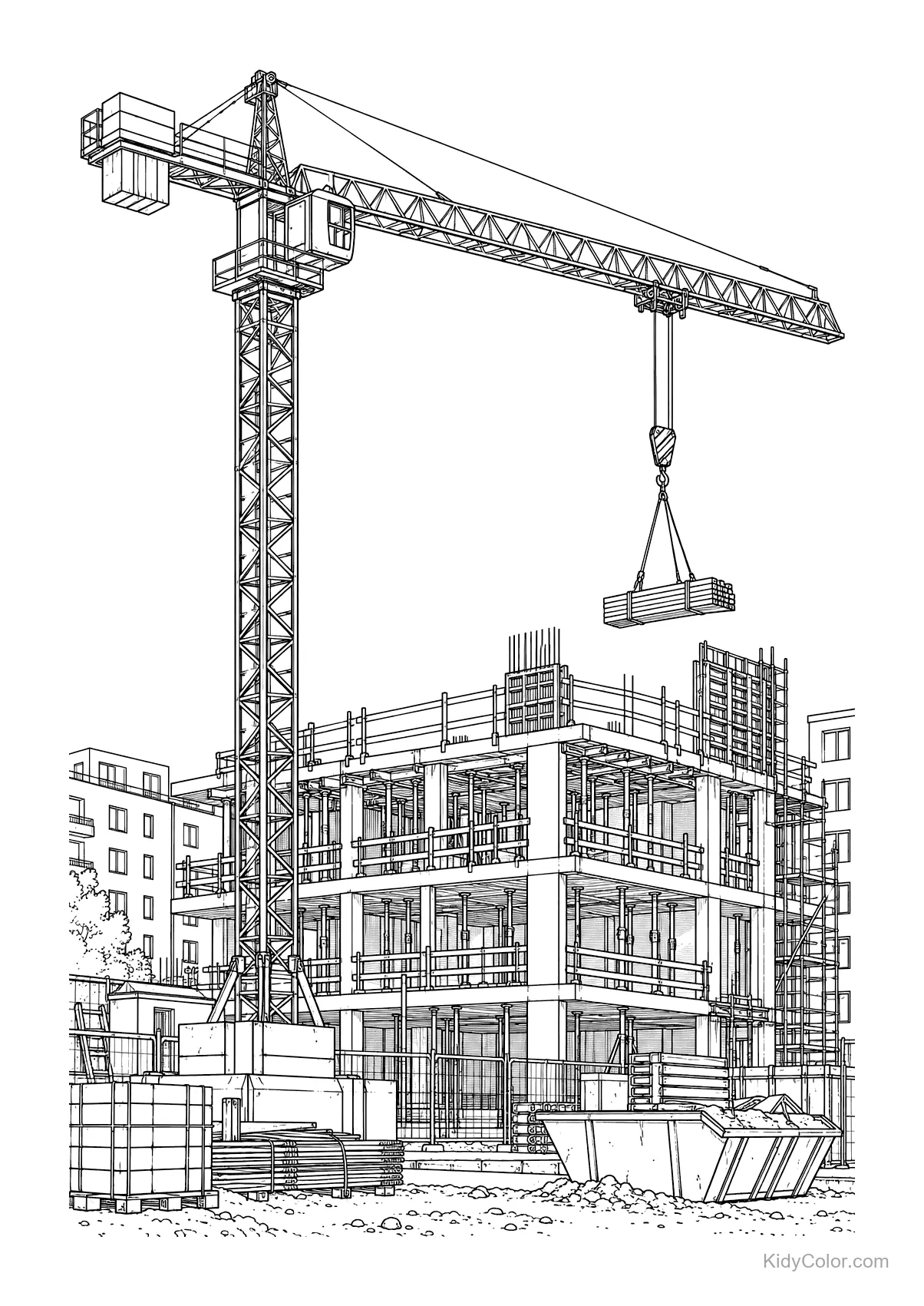 Tower crane lifting materials at a construction site with buildings around.