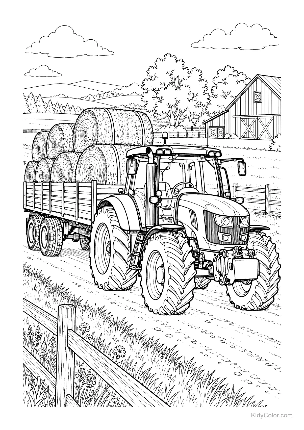 A tractor pulling a trailer with hay bales on a farm road.