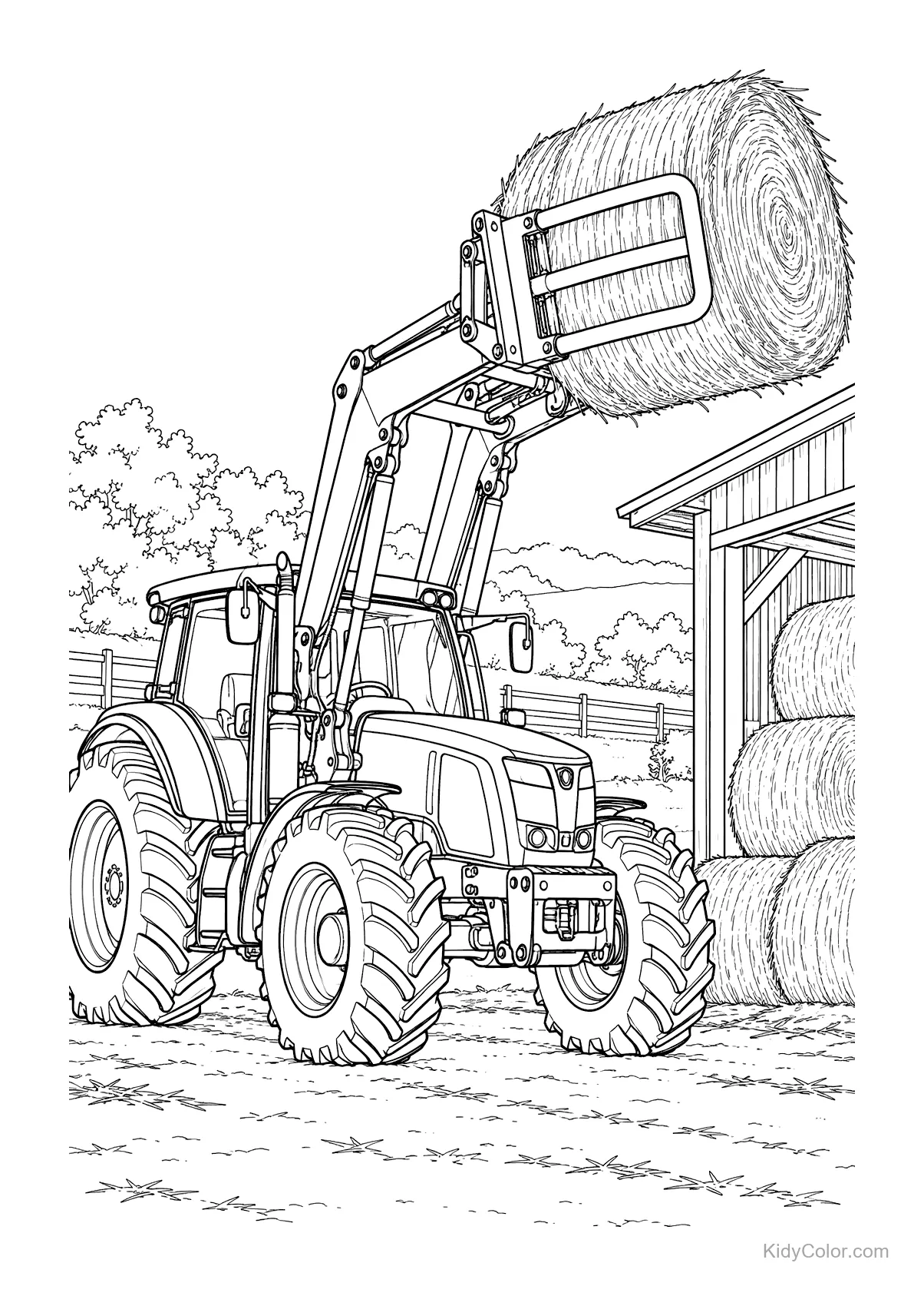 Tractor with a loader lifting a hay bale near a barn.