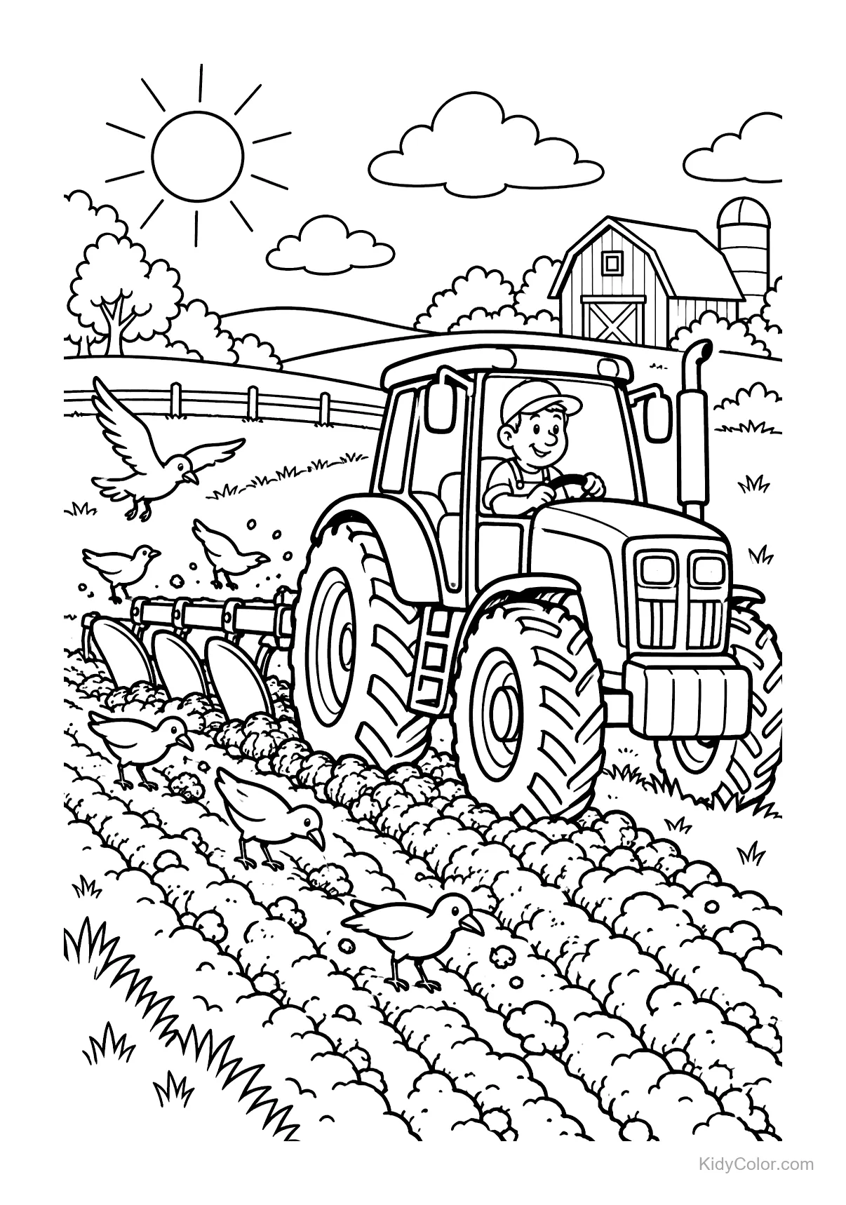 A tractor with a farmer plowing a field, birds above, barn in the background, sun shining.