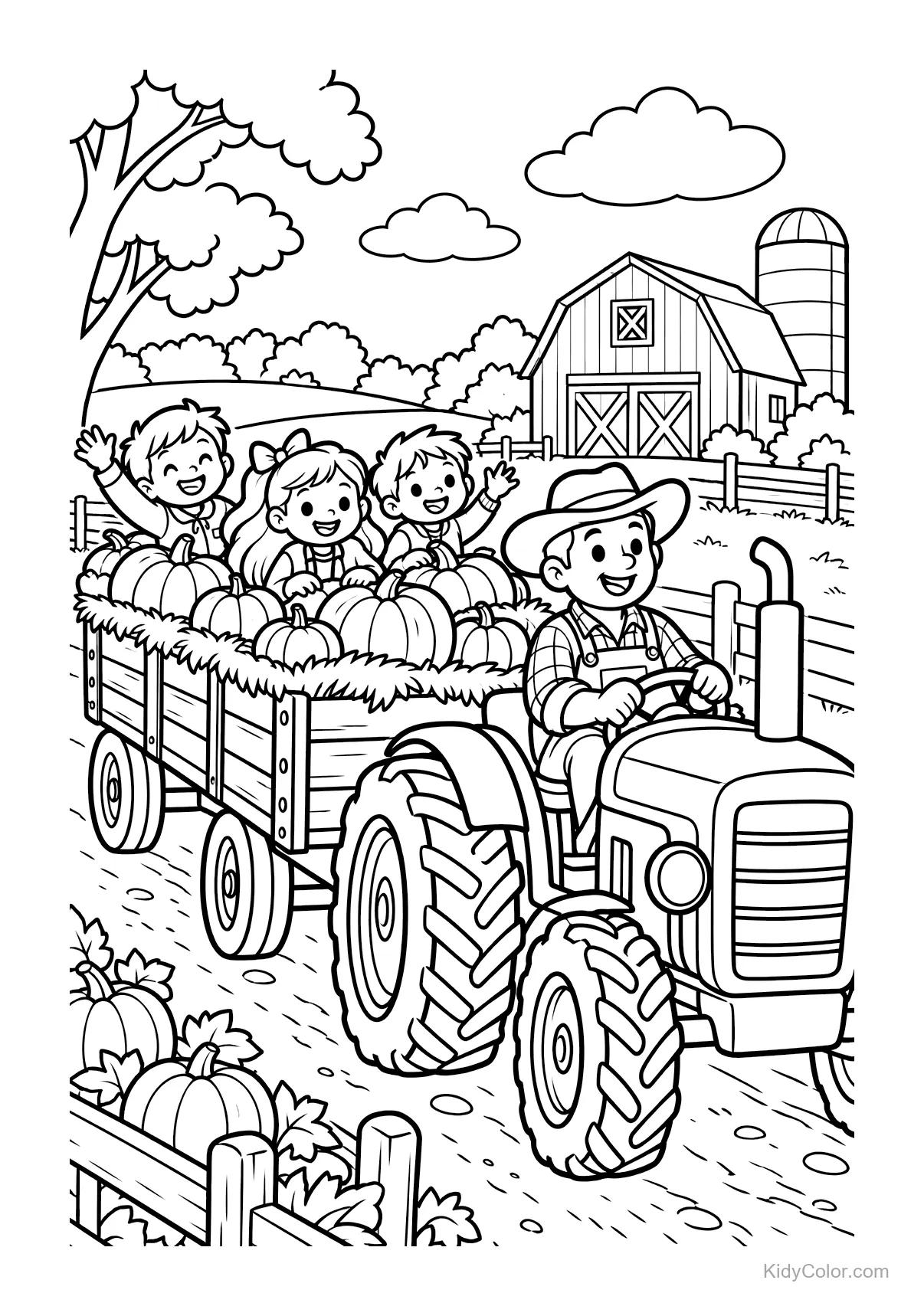 Tractor pulls a wagon with pumpkins and children on a farm.