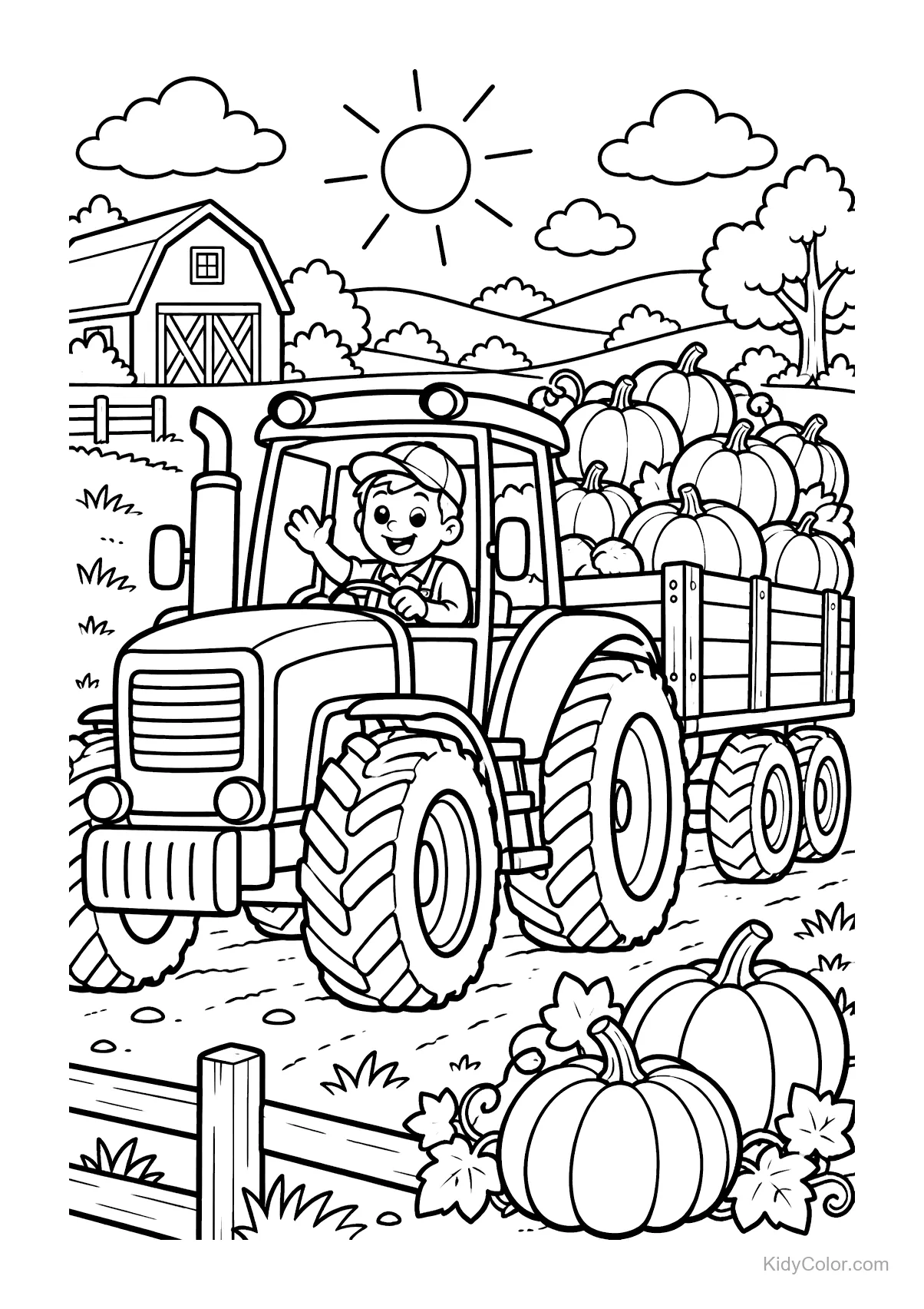 A tractor loaded with pumpkins driving on a farm, with a barn in the background.