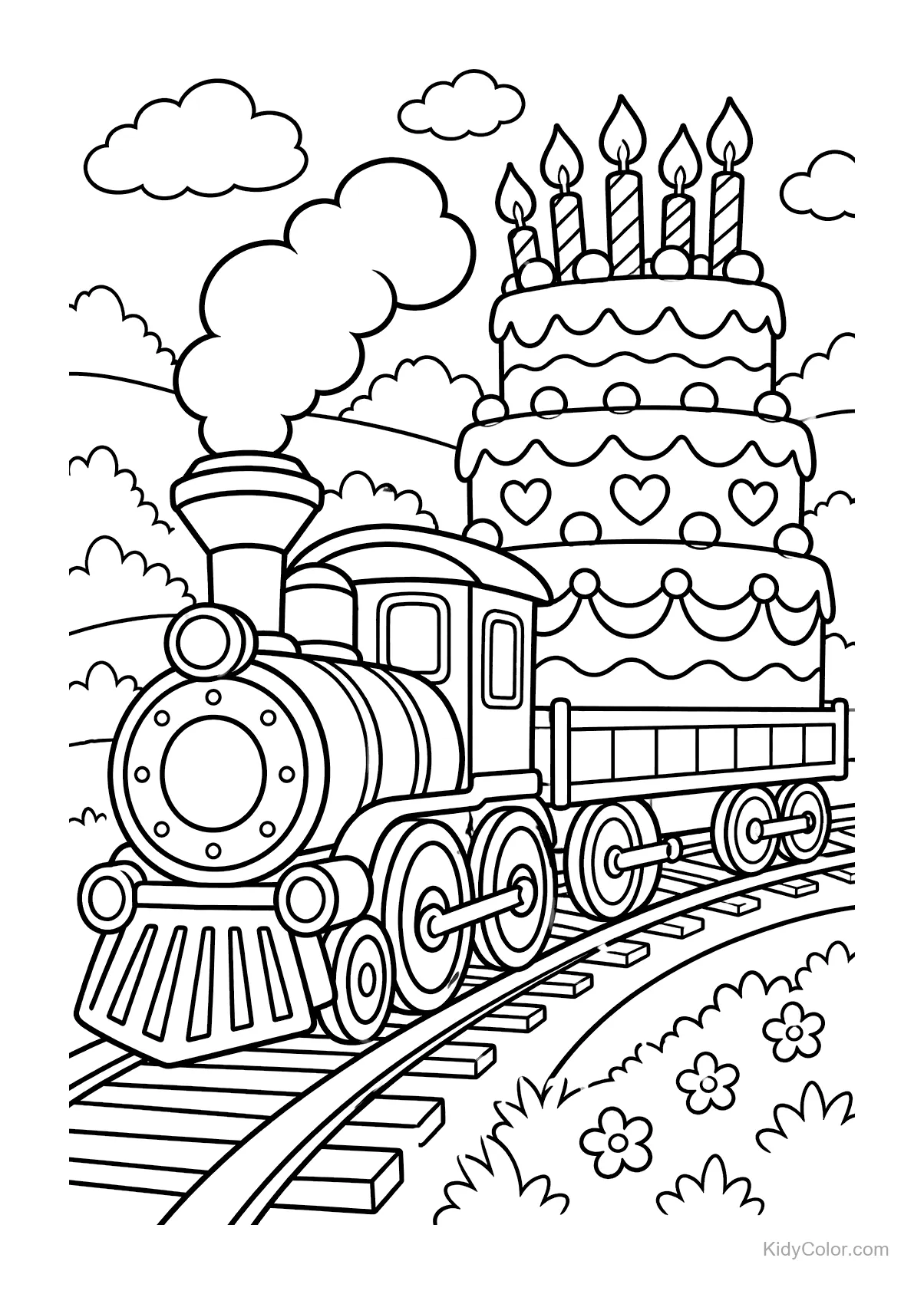 Train avec un grand gâteau d'anniversaire et des bougies sur une voie ferrée.