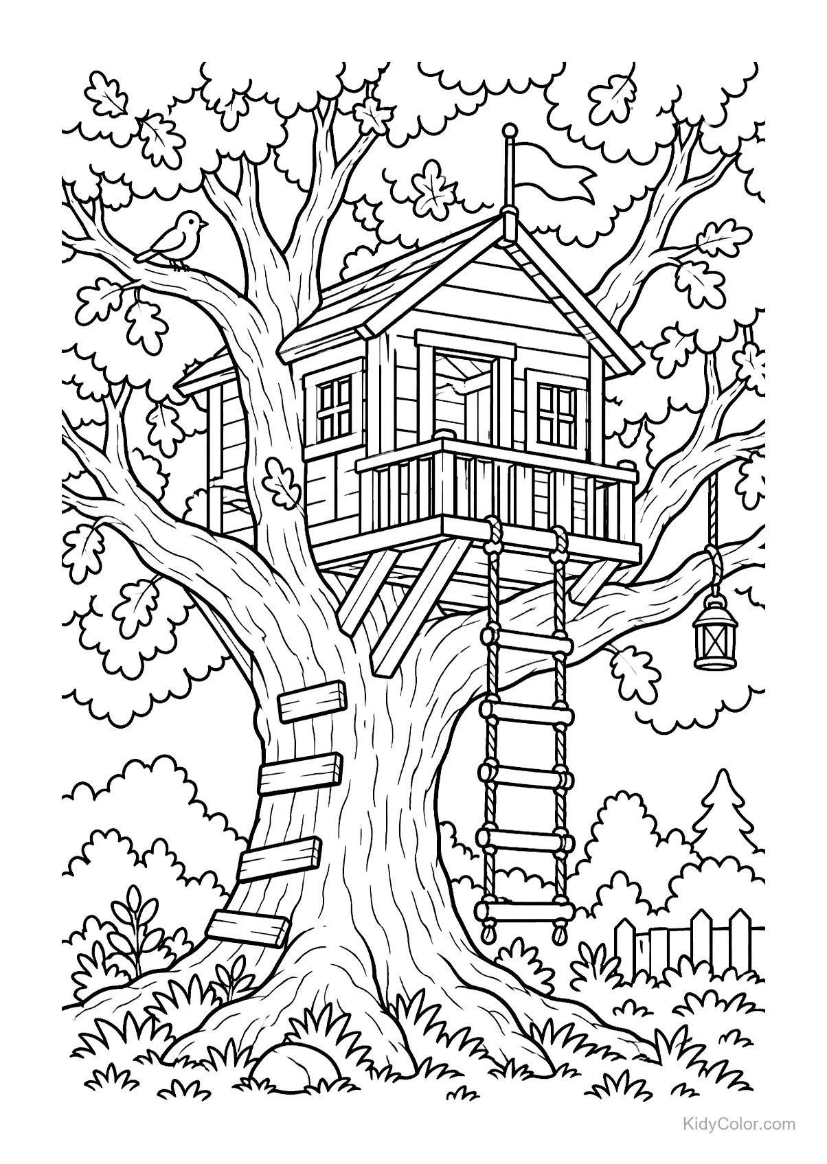 Treehouse nestled in an oak tree with rope ladder and flag.
