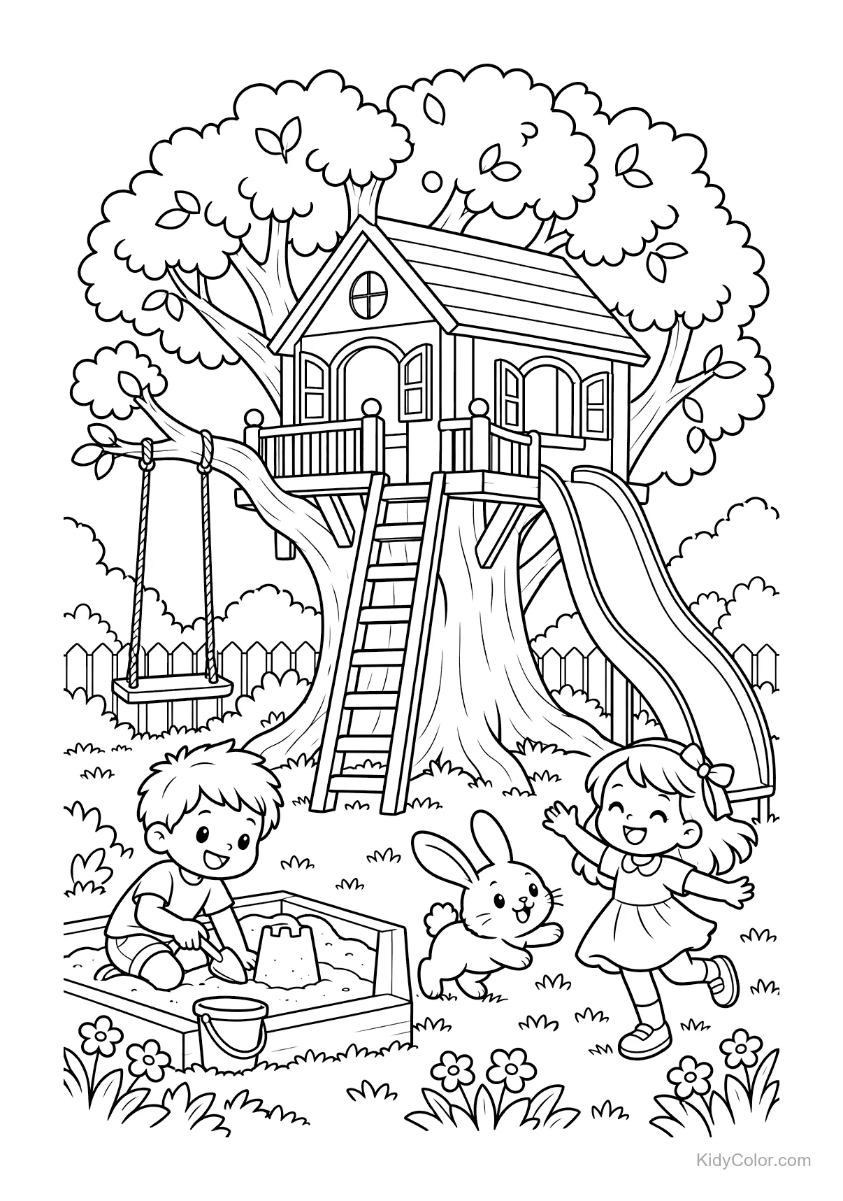 Casetta sull'albero con scivolo e altalena, bambini nella sabbiera.