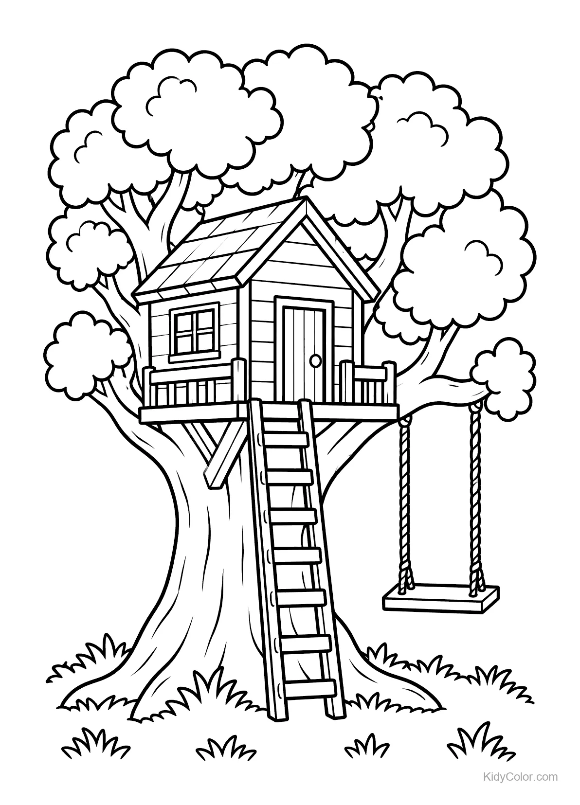 Cabane perchée dans un grand arbre avec une balançoire en corde.