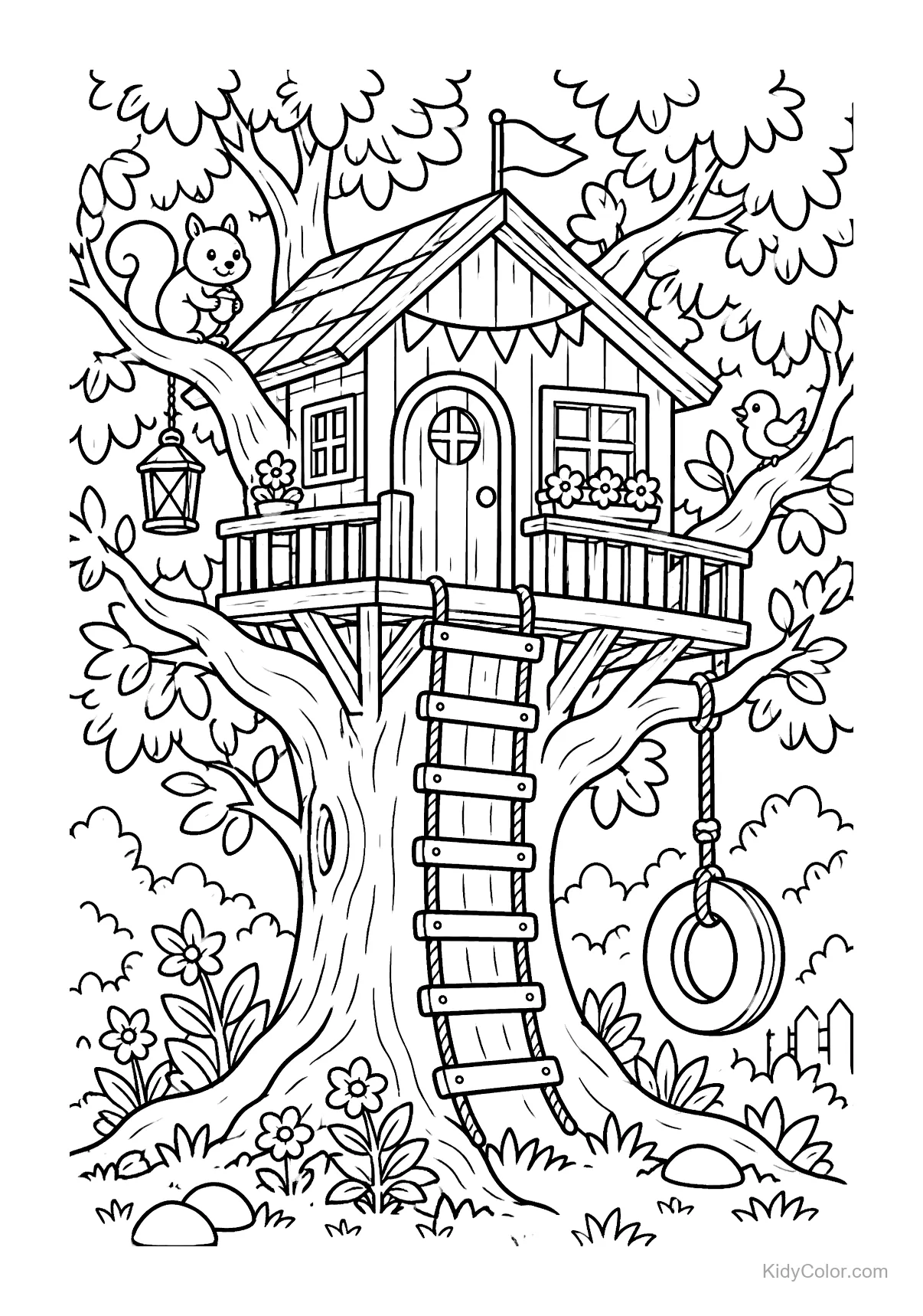 Treehouse on a tree with a tire swing, squirrel, and flowers.
