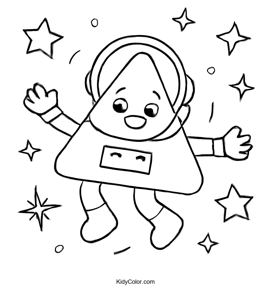 Triangle astronaut with smiling face floating among stars in space.