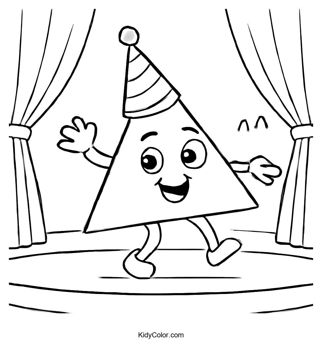 Triangle character dancing on stage, wearing a party hat.