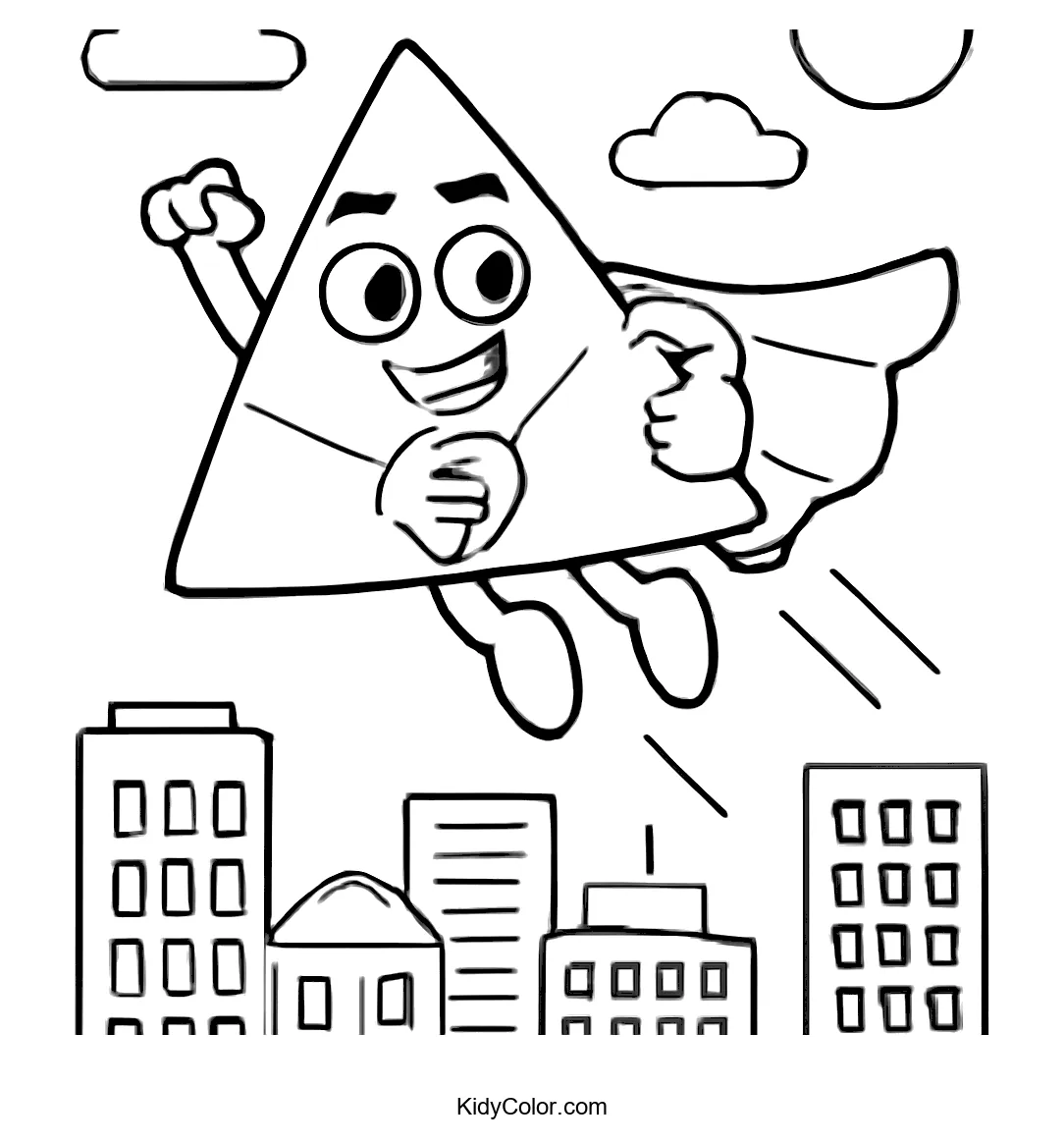 Triangle superhero flying over a cityscape with clouds and sun.