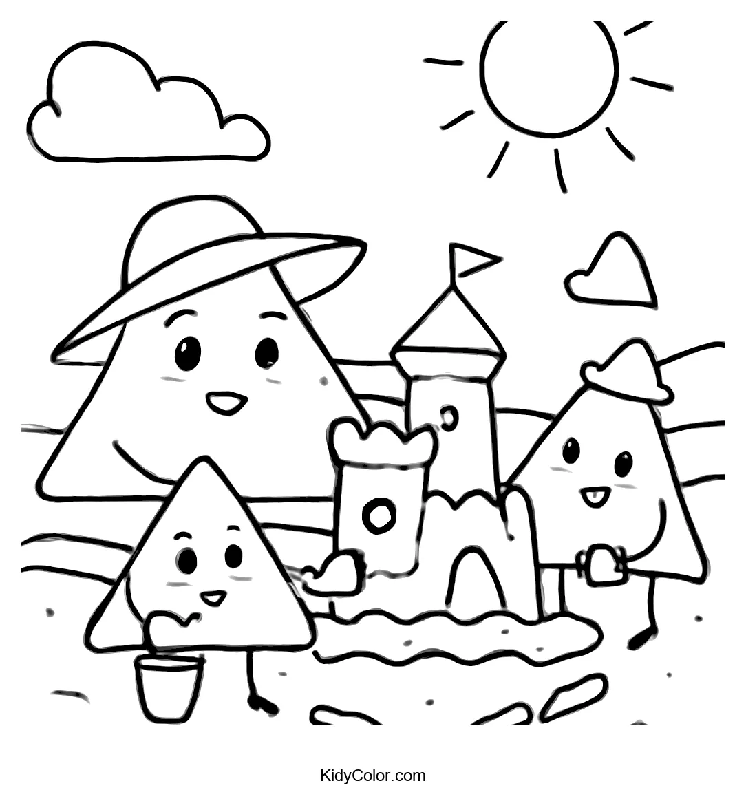 Triangle family building a sandcastle on the beach with sun.