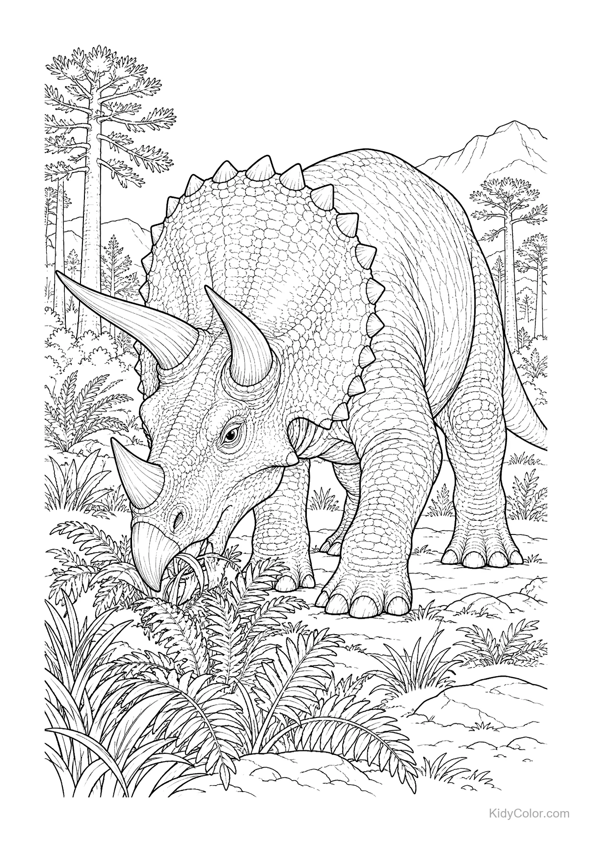 Triceratops grazing among ferns in a prehistoric landscape.