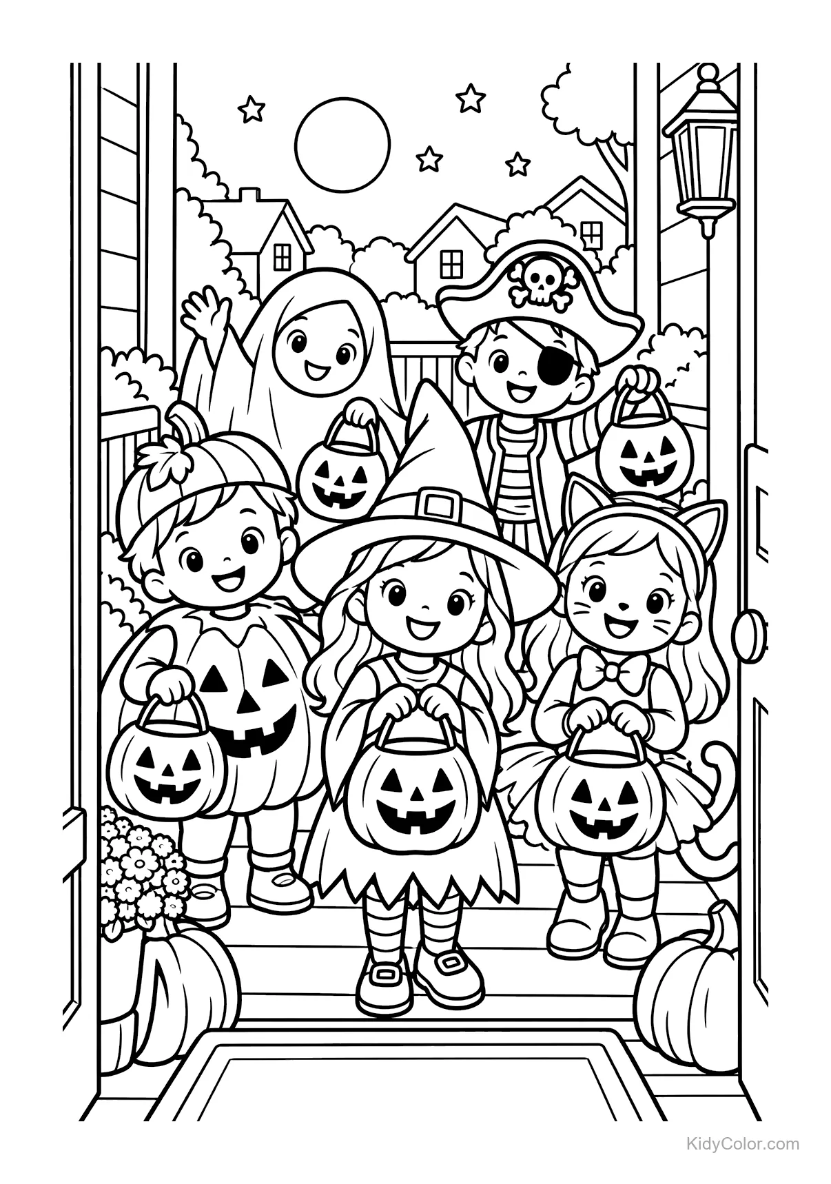 Kinder in Halloween-Kostümen mit Kürbiseimern auf einer Veranda.