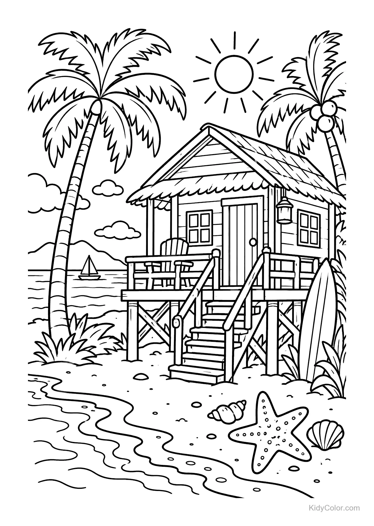 Tropical beach hut with palm trees, surfboard, starfish, and sun.