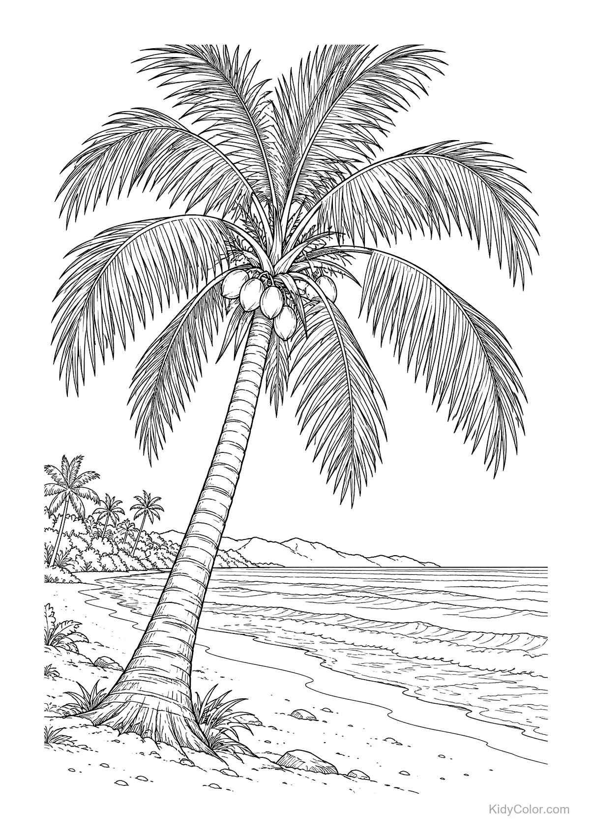 A detailed drawing of a palm tree on a beach with waves.