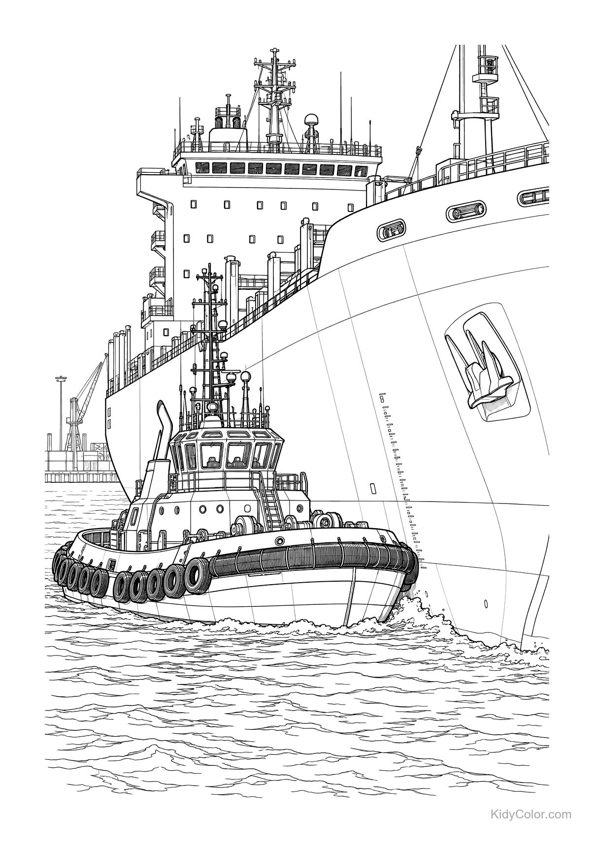 Tugboat guiding a giant cargo ship through the water.