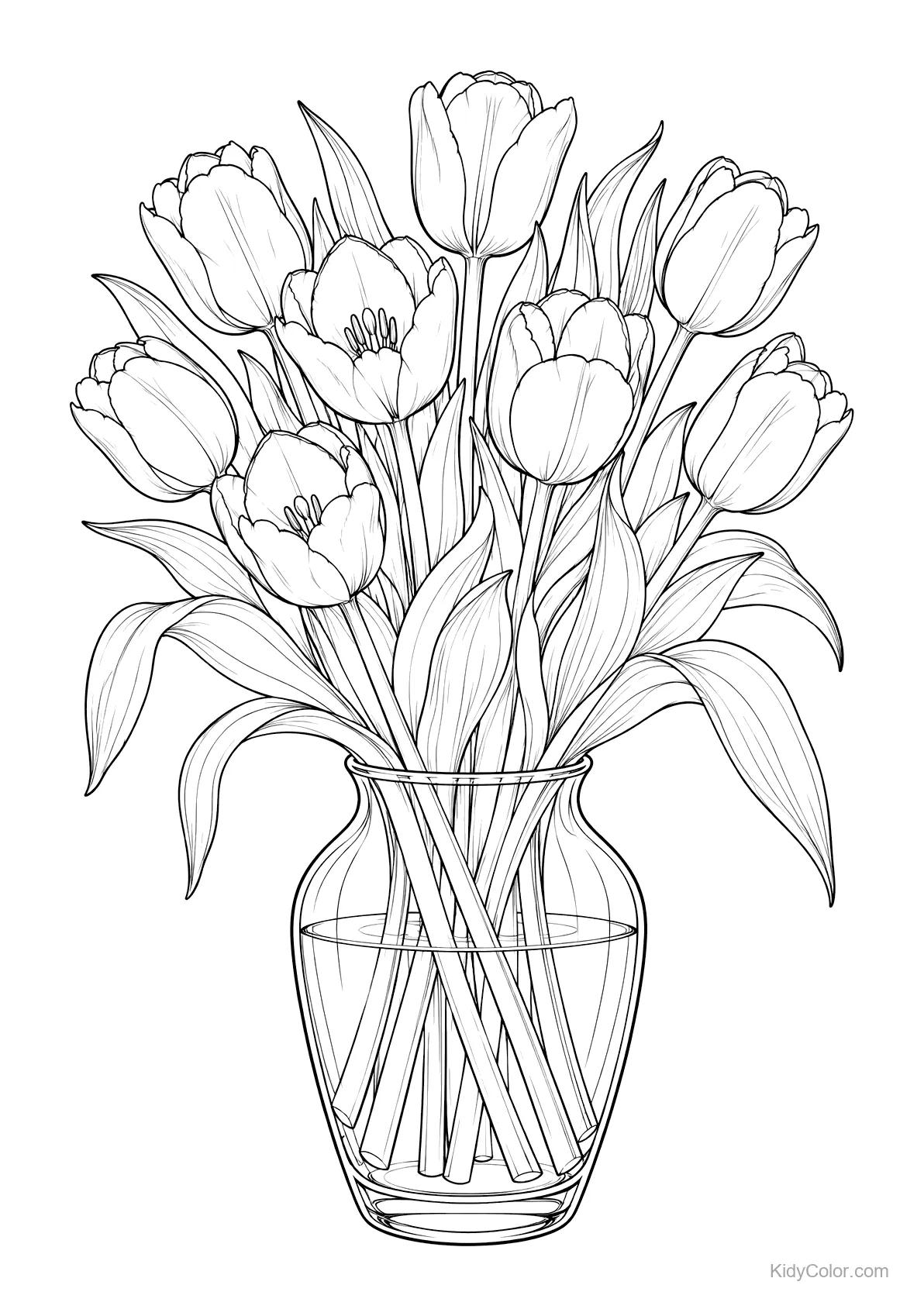 Bouquet of tulips in a glass vase, with detailed petals and leaves.