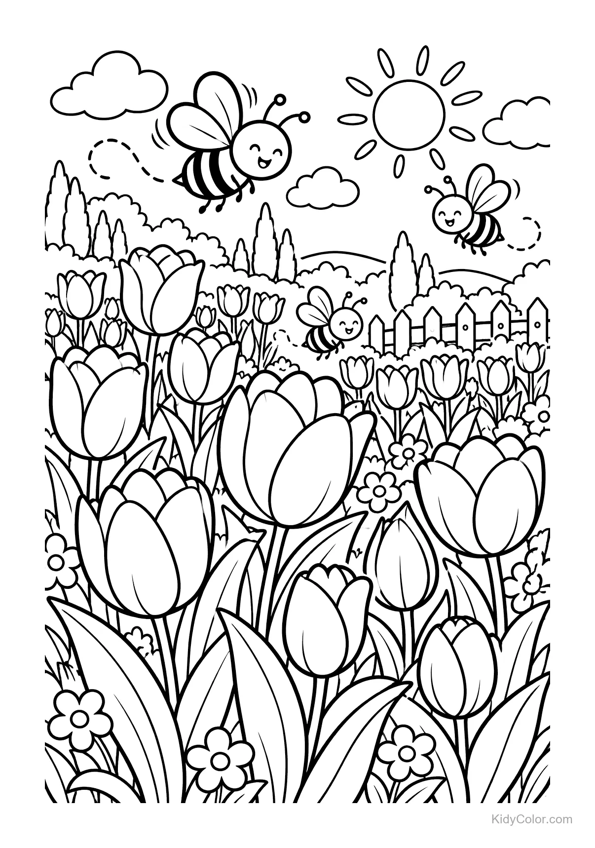 Tulips and three bees under the sun in a garden scene.