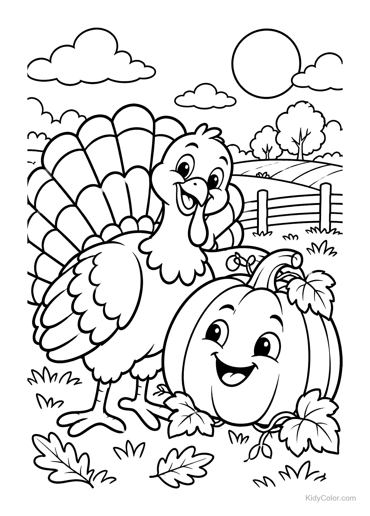 Turkey with smiling pumpkin in a field under the sun.