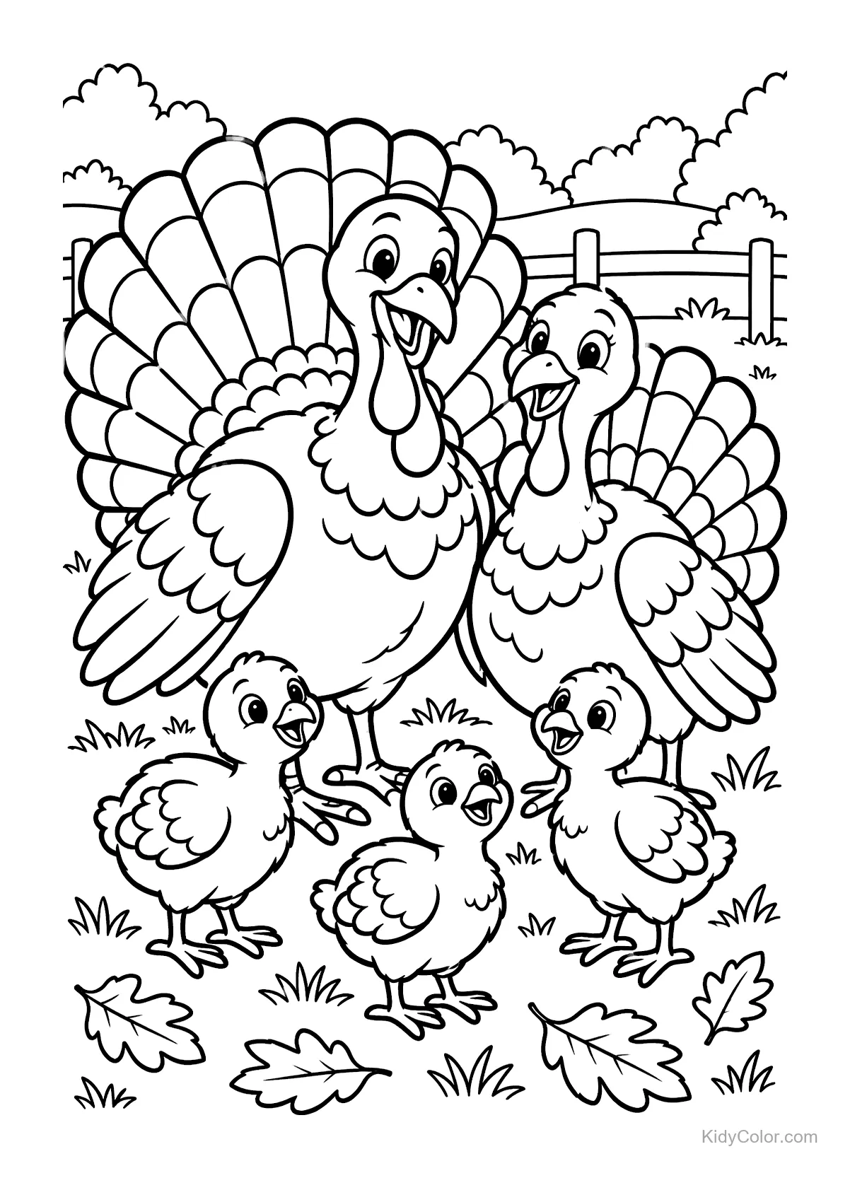 A turkey family with adults and chicks in the countryside.