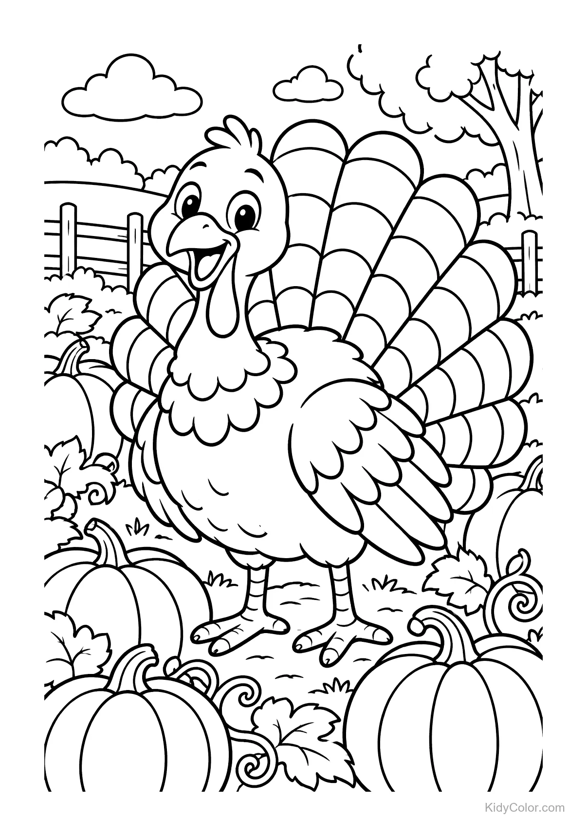 Cheerful turkey standing in a pumpkin patch with trees and a fence.