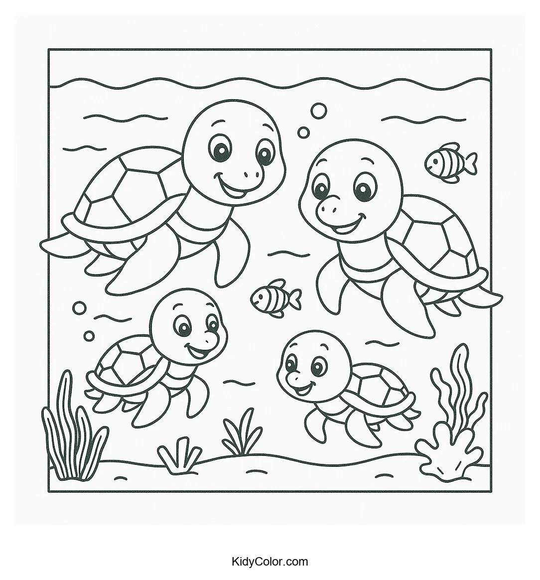 Coloring page of a turtle family under the sea with coral and fish.