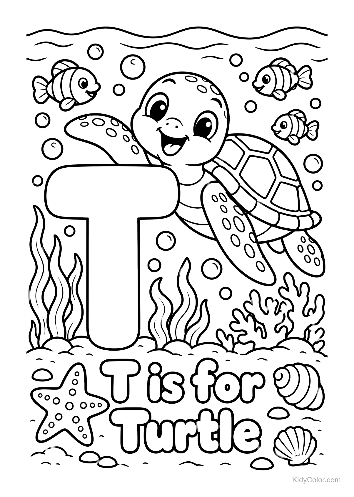 A happy turtle with letter T underwater with fish and seashells.