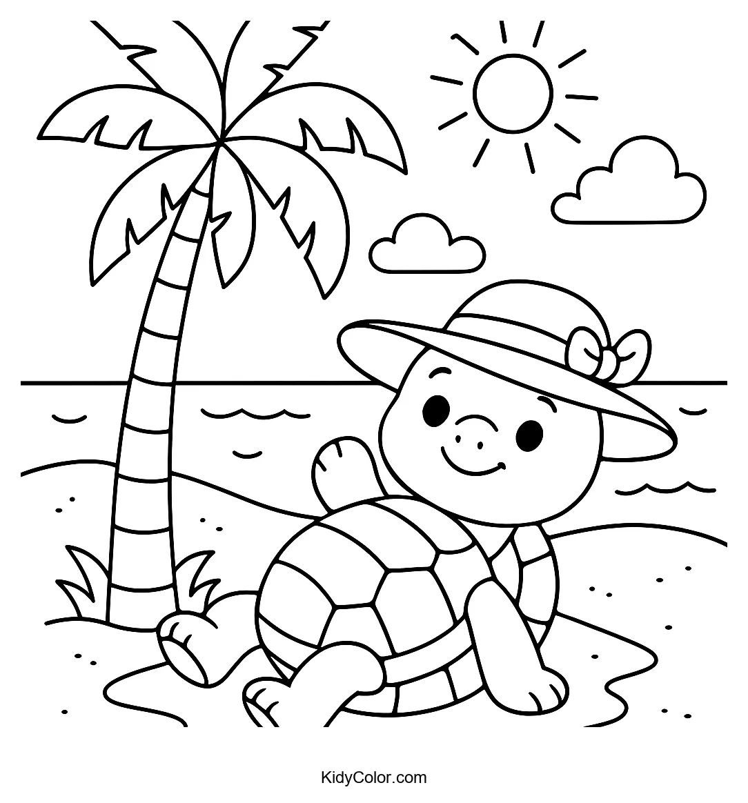 Turtle with sun hat by palm tree