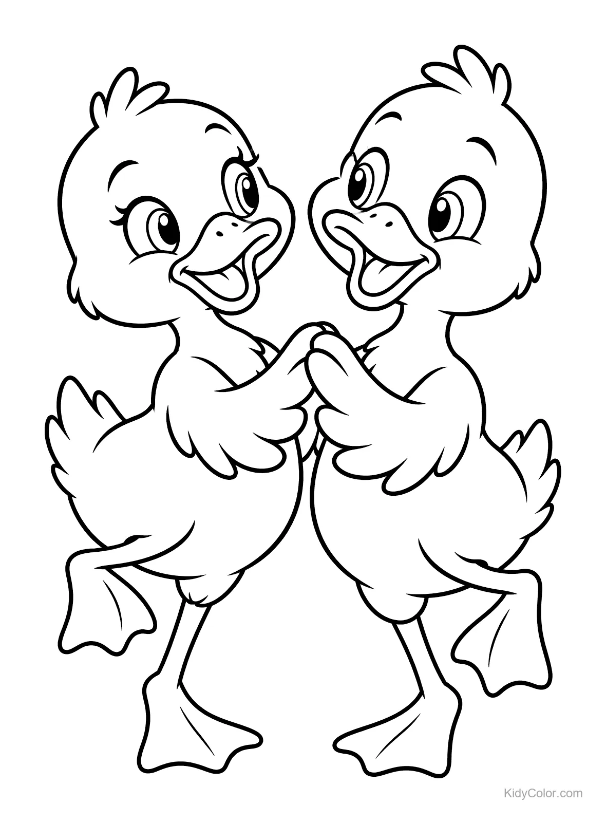 Deux canards souriants dansant et se tenant par les ailes.