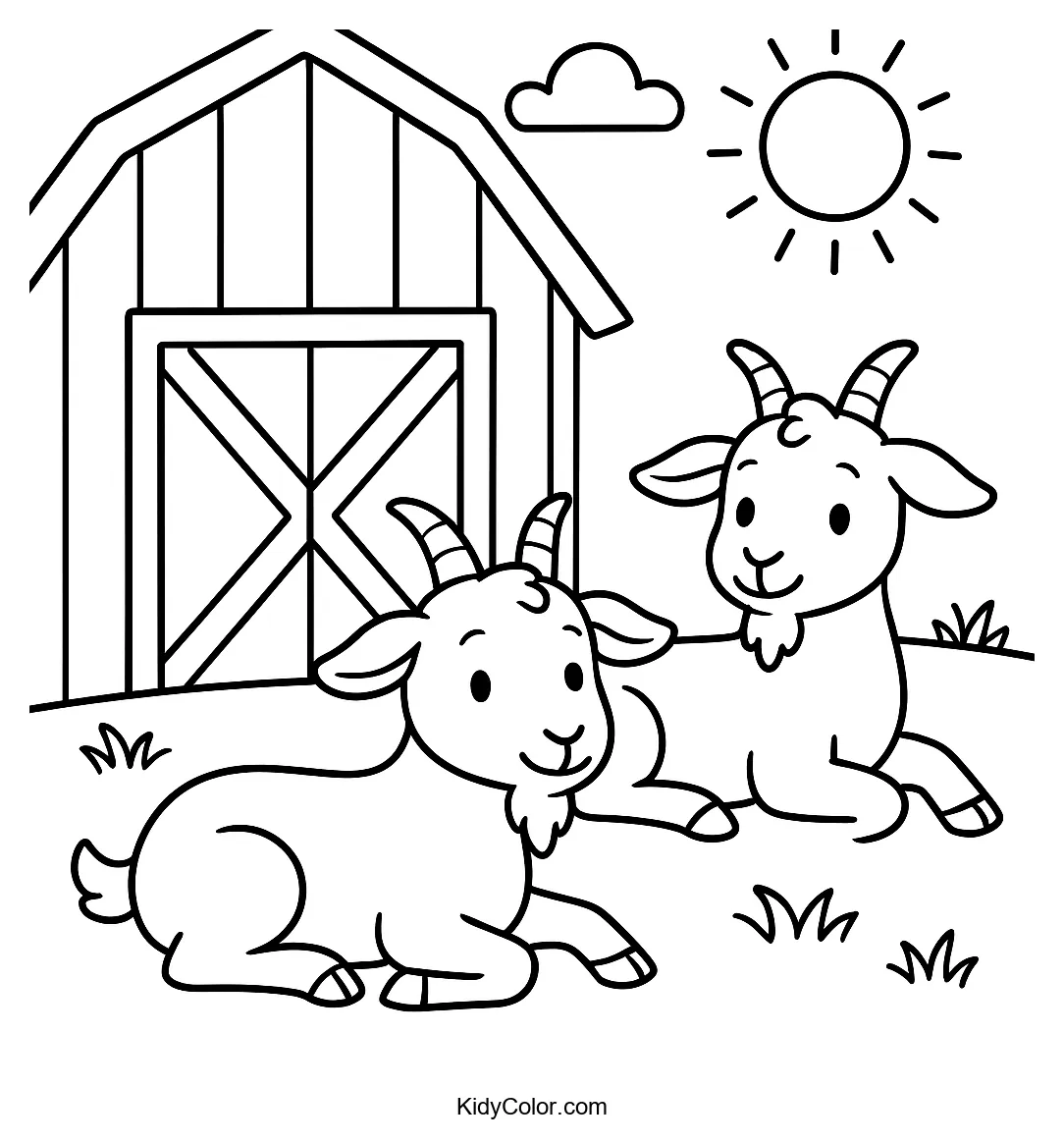 Two goats under a barn shade