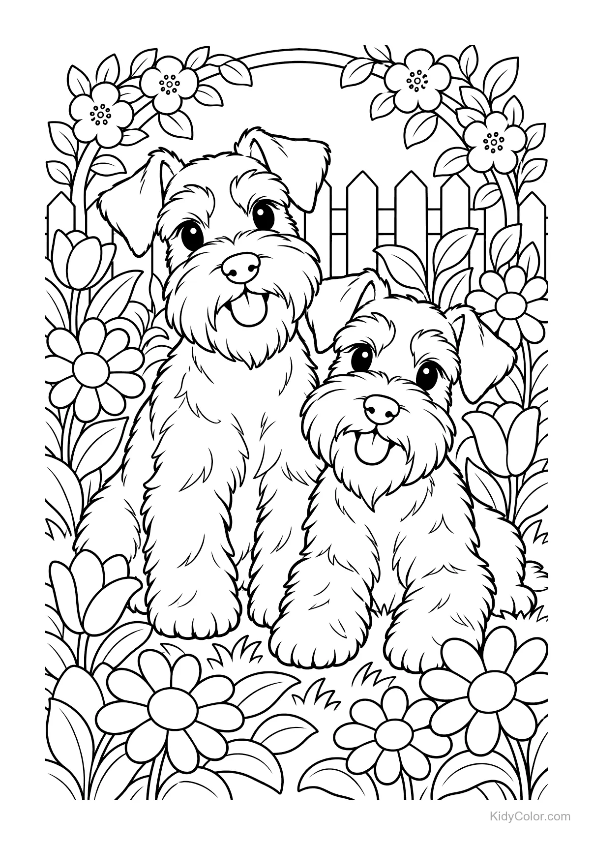 Deux schnauzers miniatures assis dans un jardin fleuri avec une clôture en arrière-plan.