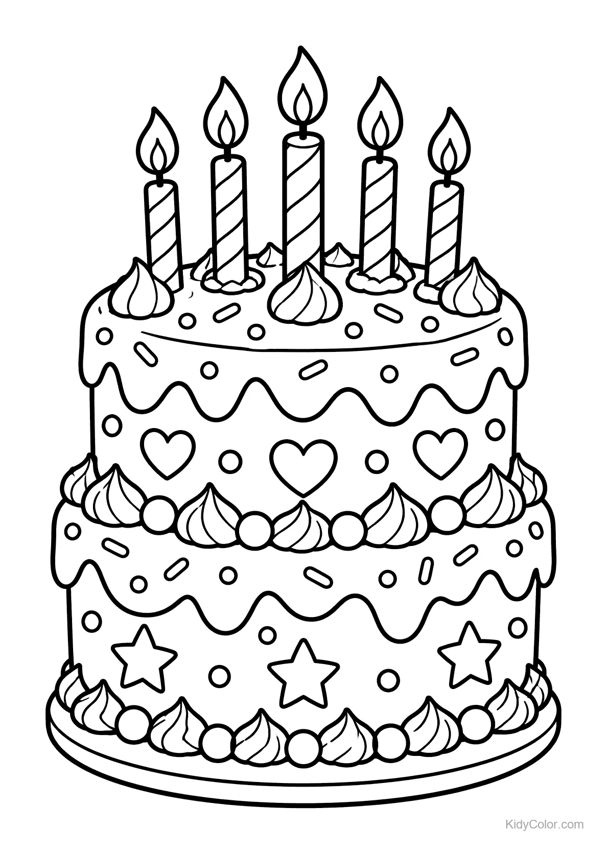 A two-tier birthday cake with five candles, hearts, and stars.