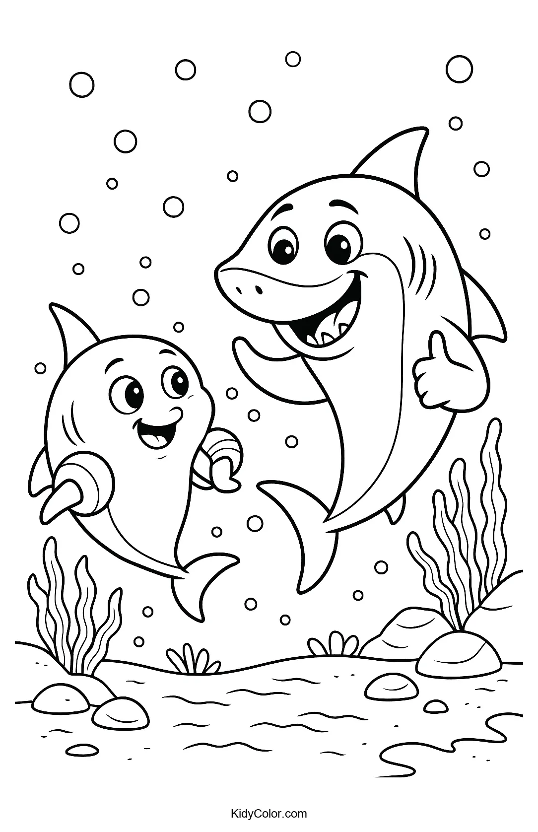 Coloring page of playful sharks underwater