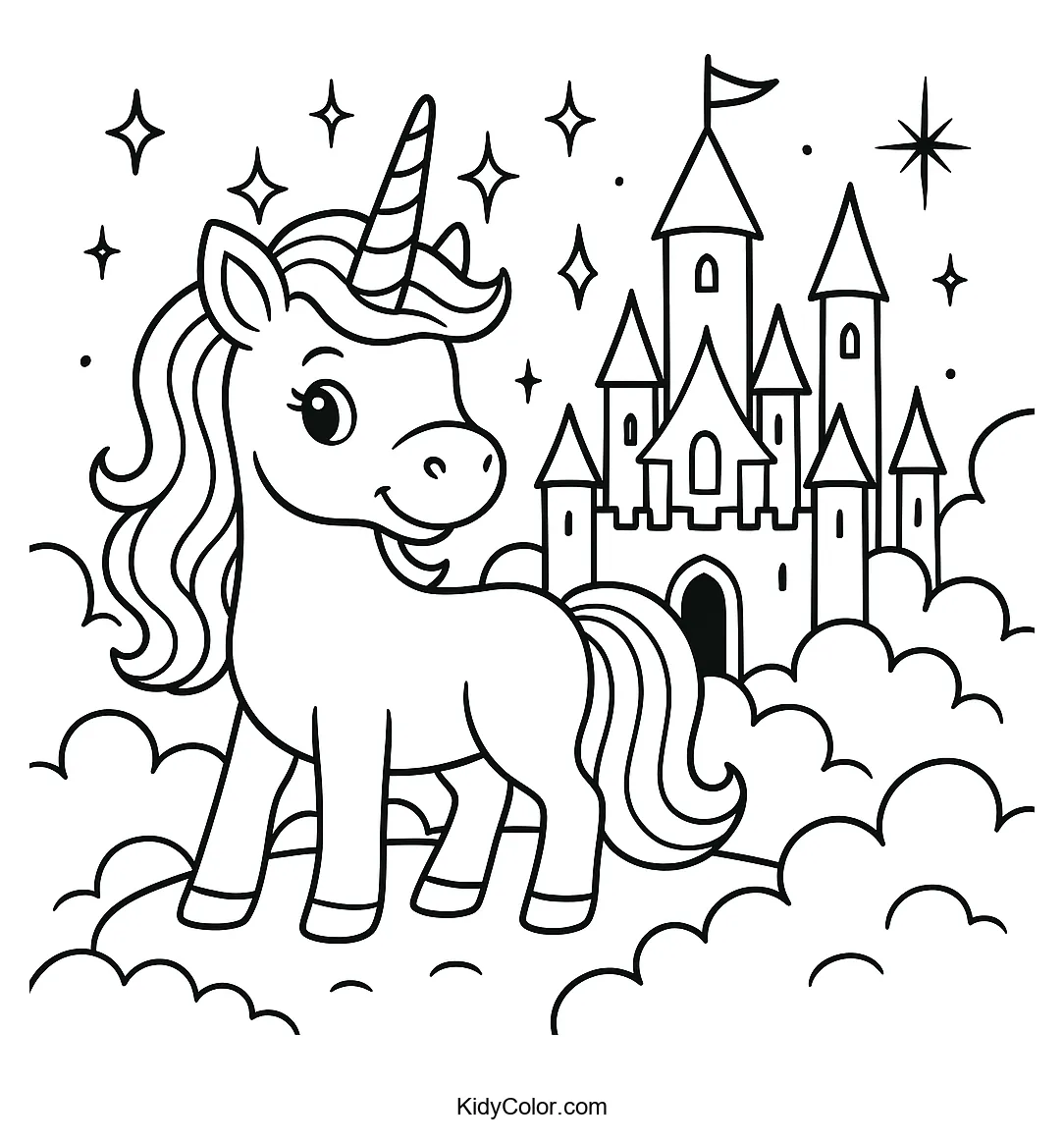Unicorn and castle in a dreamy landscape