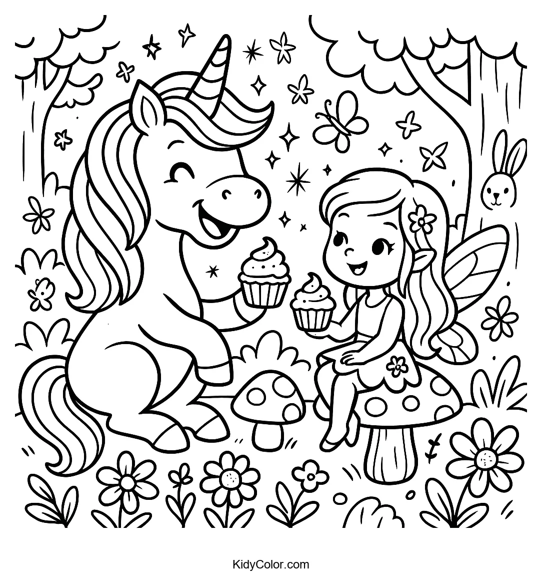 Unicorn and fairy sharing cupcakes