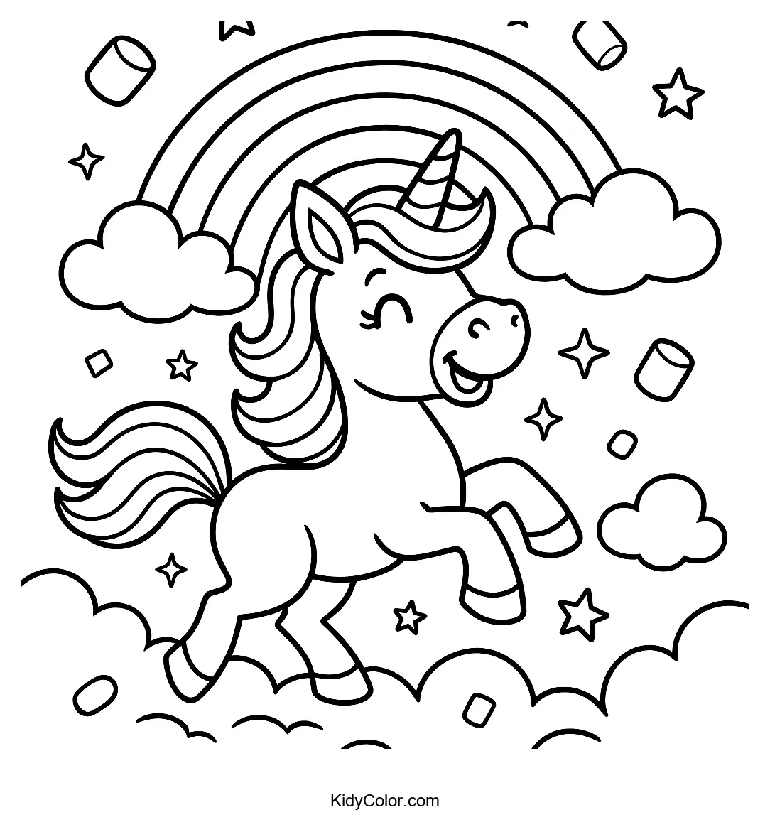Unicorn and rainbow in a cloudy sky