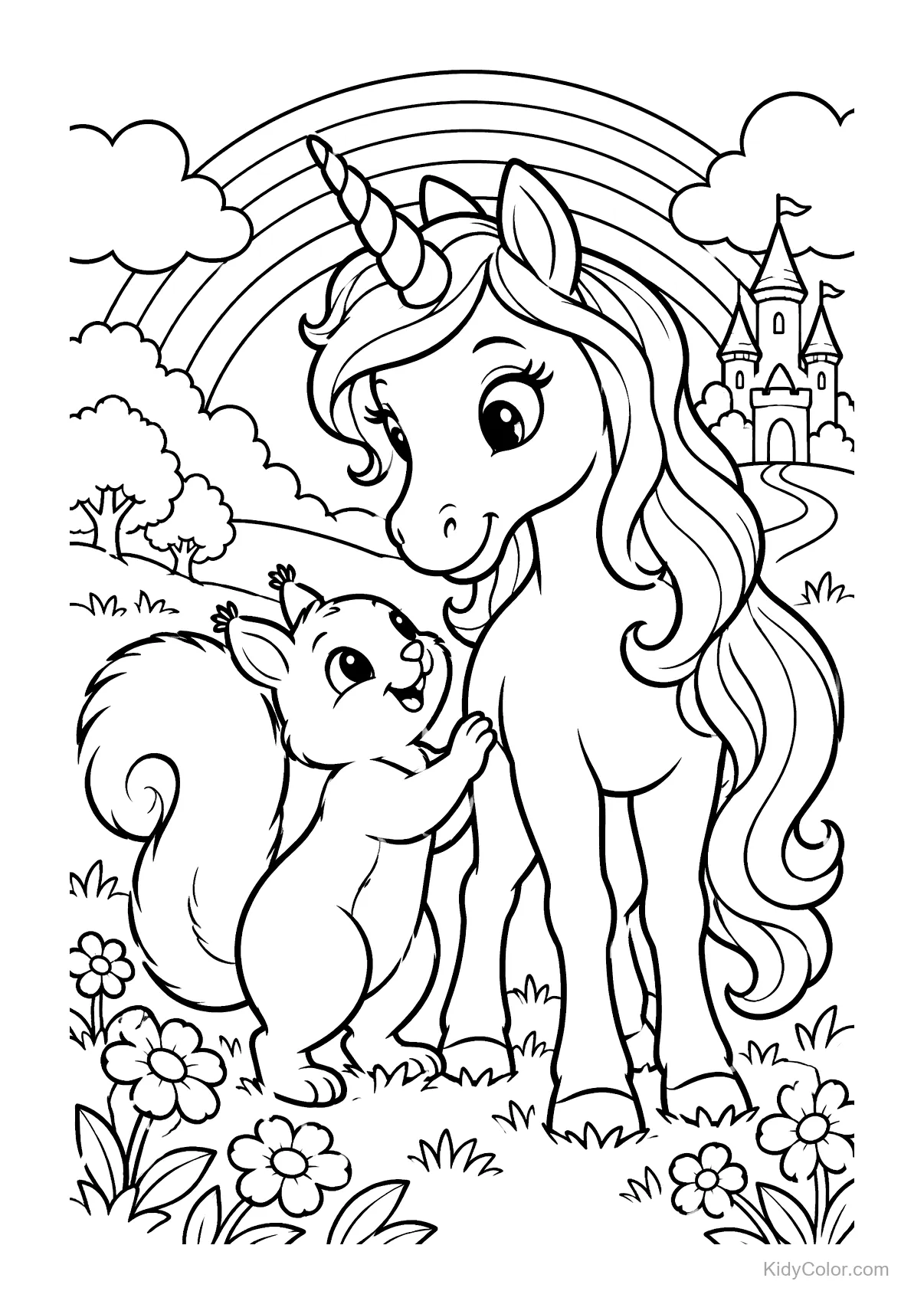 Unicorn and squirrel in a meadow under a rainbow near a castle.