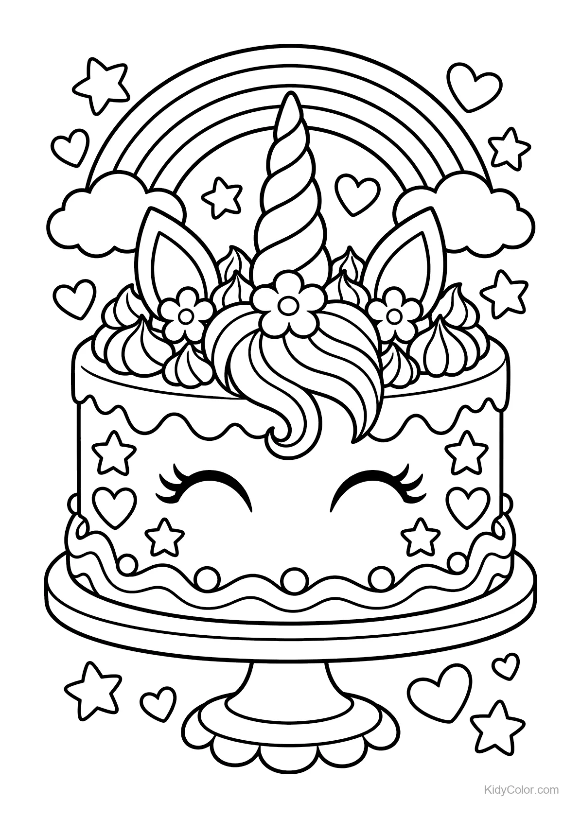 Unicorn birthday cake with rainbow, stars, and hearts.