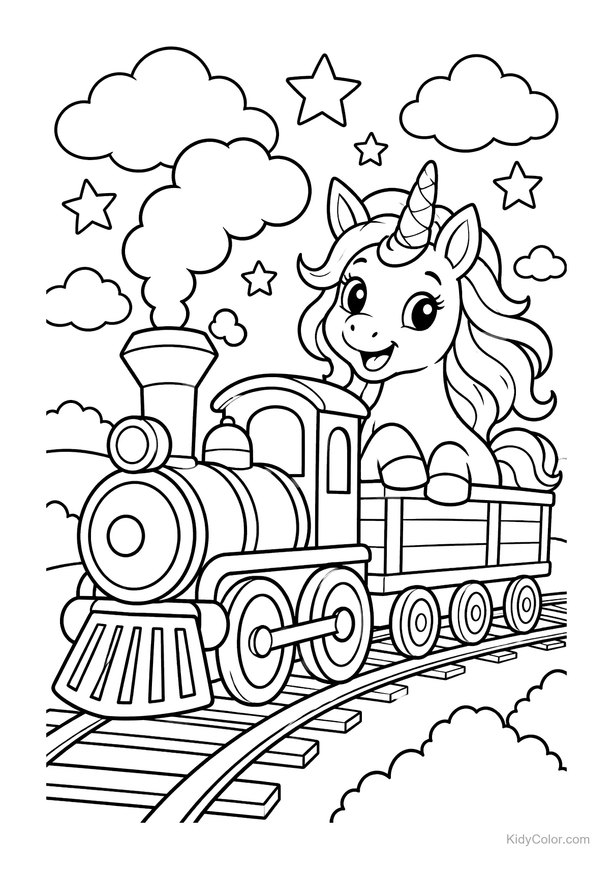 Unicorn riding on a steam train under the stars.