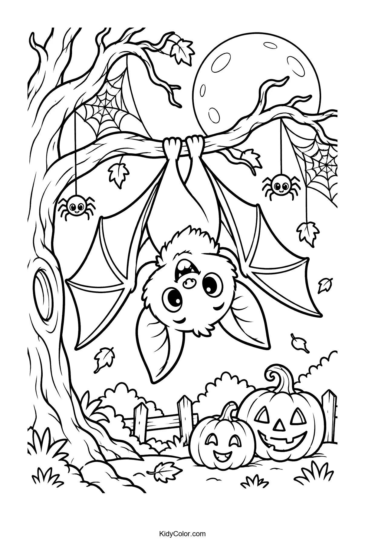 An upside-down bat hangs on a branch with pumpkins below and spiders nearby.