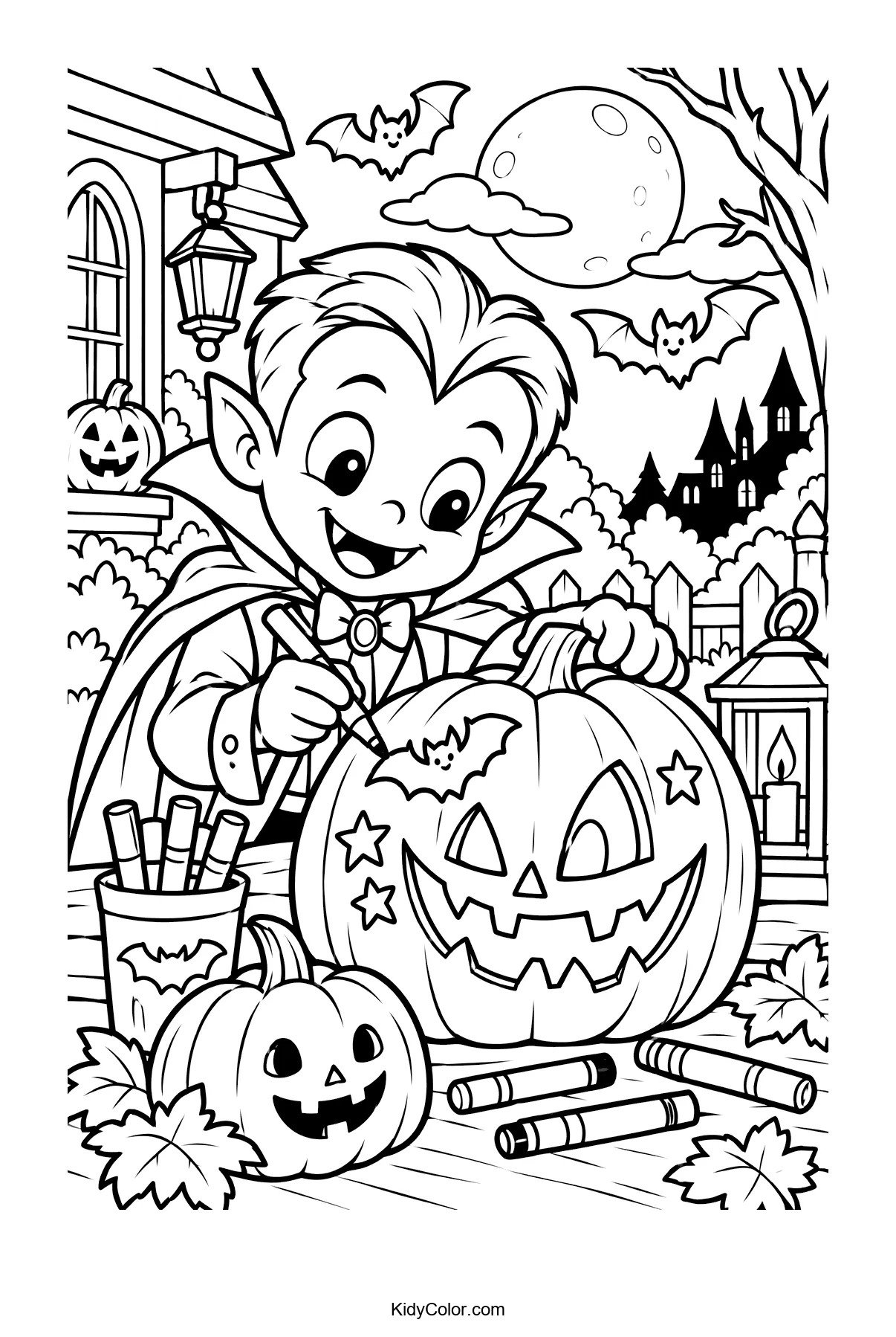 Vampire child carving a pumpkin at a Halloween party with bats and a full moon.