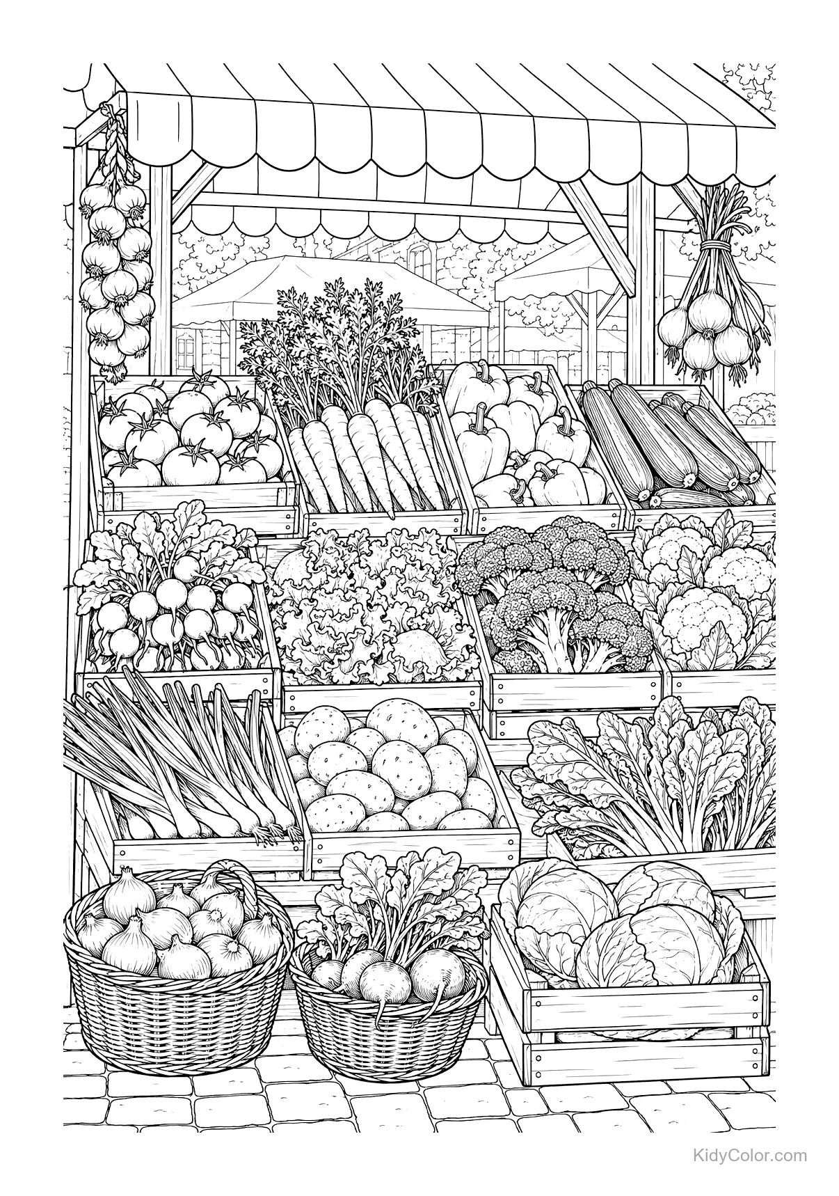 A vegetable stall at a farmers' market with crates of carrots, lettuce, and onions.