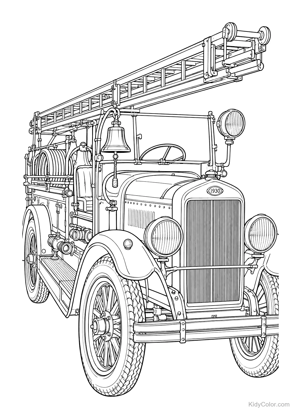 Caminhão de bombeiros vintage dos anos 1930 com escada e sino.
